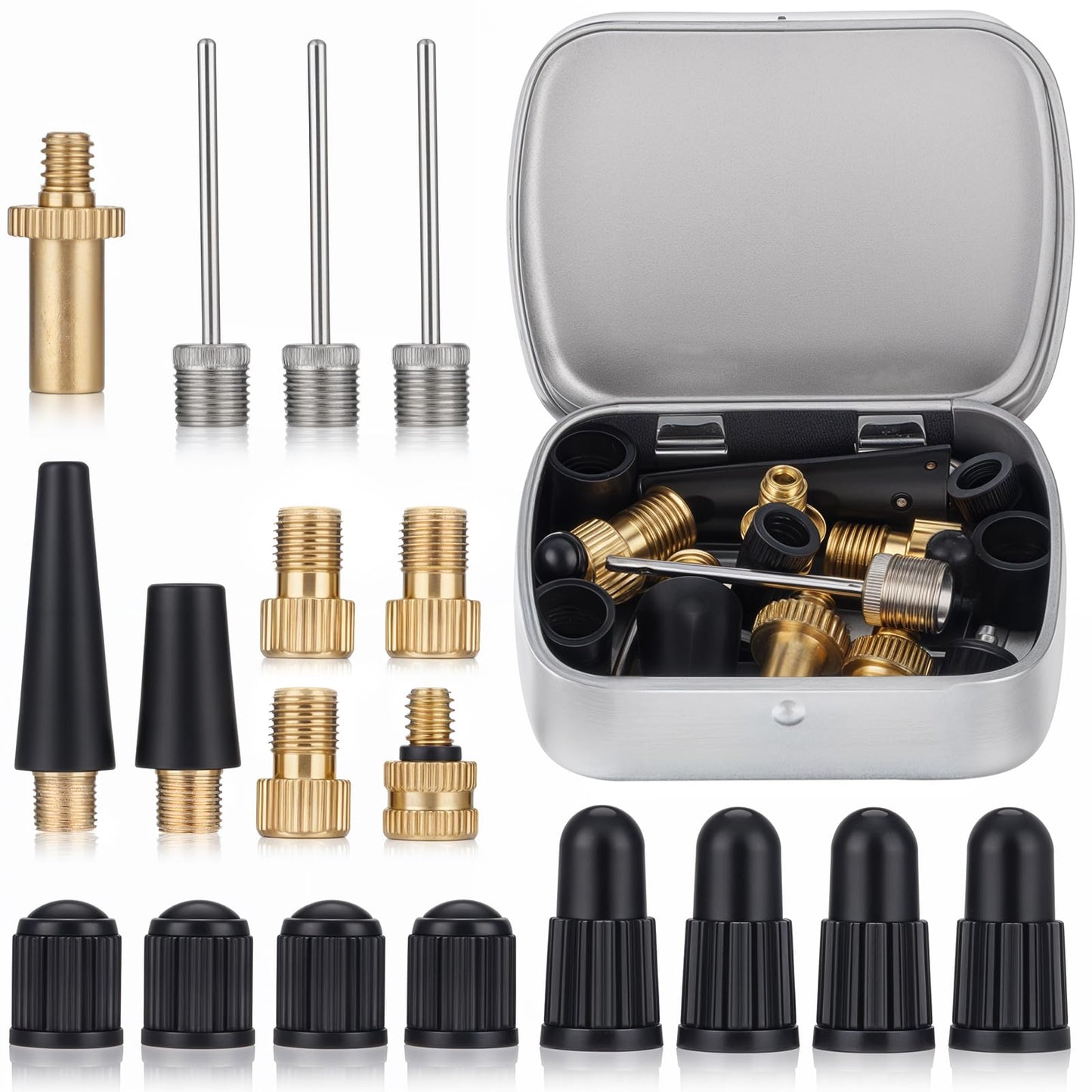 Tyqour 19Pcs Bicycle Pump Adapter Brass Bike Pump Adapter Bike Pump Adaptor with 8 Caps Air Pump Accessories for Standard Pump Air Compressor Sports Balls Bikes Inflatable Device