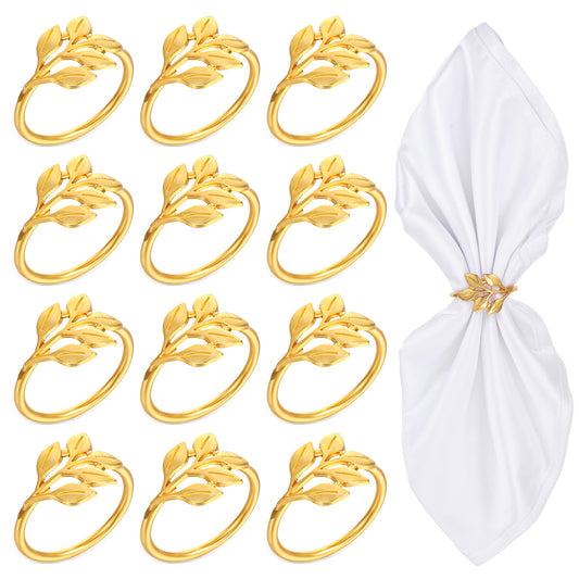 12Pcs Gold Napkin Rings Set Metal Leaf Fall Napkin Rings Design for Christmas, Table Settings, Easter Table Decor, Wedding, Holiday Dinners, Special Occasions, Gift Giving