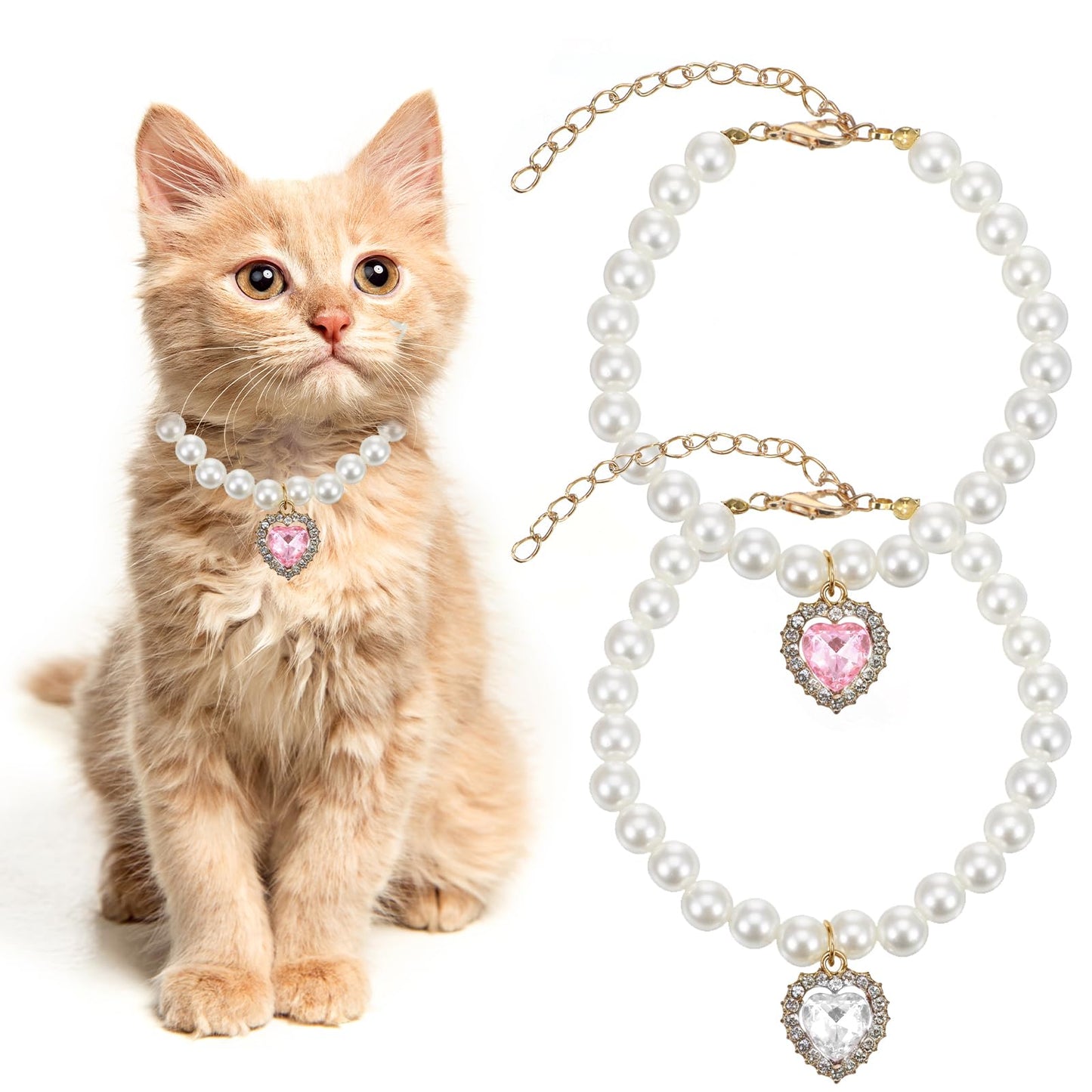2 PCS Pearl Cat Collar Dog Pearl Necklace Collar Heart Rhinestones Pet Necklace Fancy Cat Collar Small Heart Shape Rhinestone Pet Necklace Adjustable Wedding Party Pet Jewelry Accessories(Pink White)