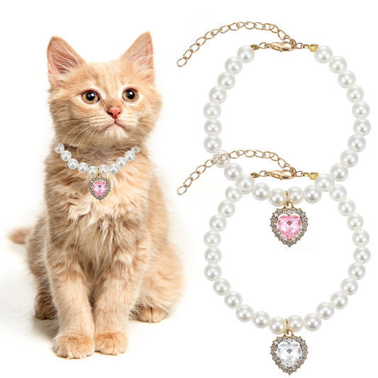 2 PCS Pearl Cat Collar Dog Pearl Necklace Collar Heart Rhinestones Pet Necklace Fancy Cat Collar Small Heart Shape Rhinestone Pet Necklace Adjustable Wedding Party Pet Jewelry Accessories(Pink White)