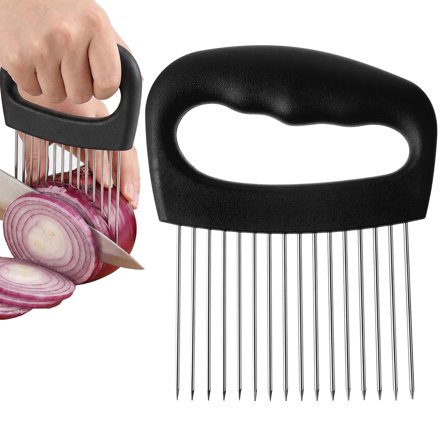 Extra Large Onion Holder for Slicing Tomato Slicer with 16 Long Needles Cutter Onion Slicer Holder Vegetable Chopper Tomato Potato Meat Tenderizer Stainless Steel Black