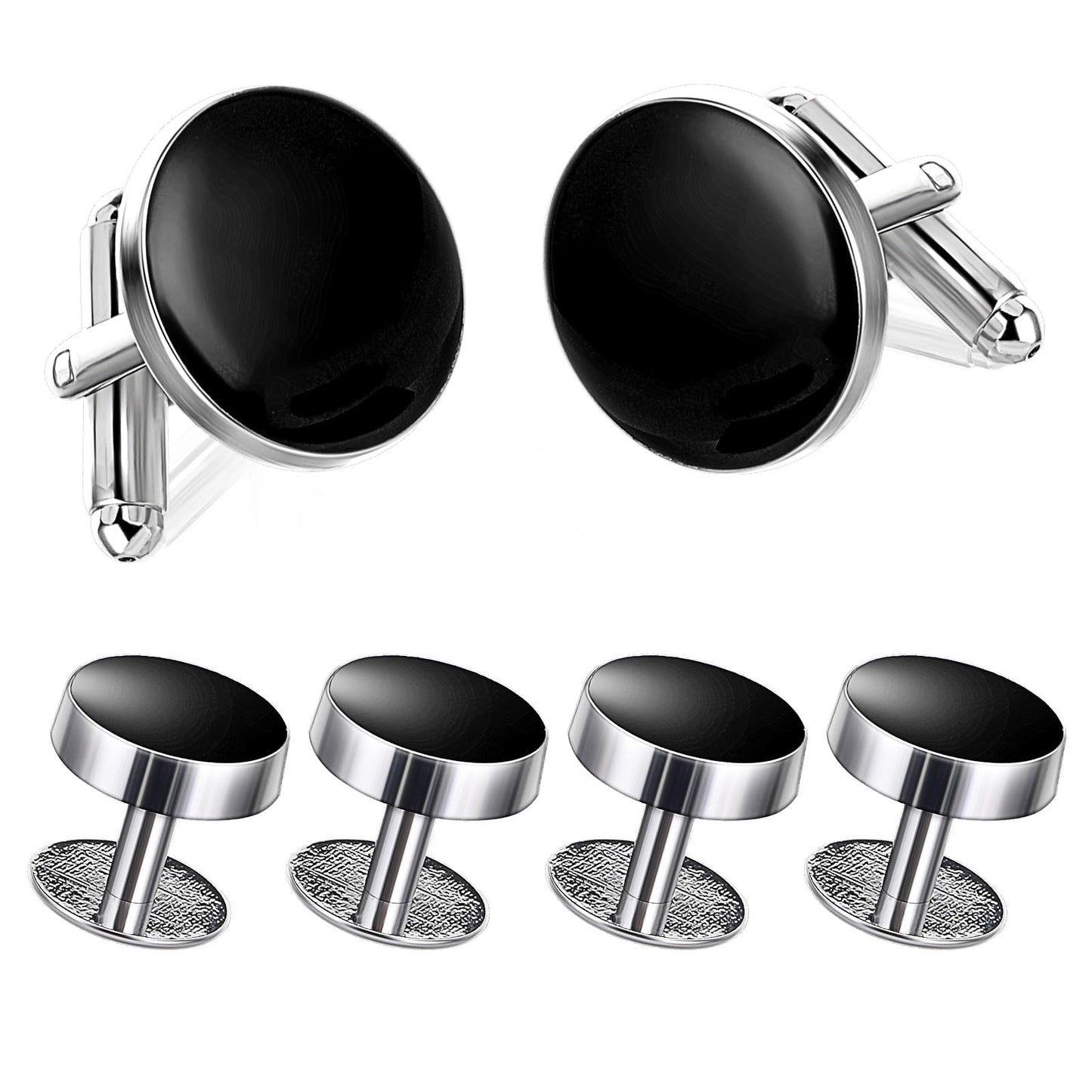 6 PCS Cufflinks for Men Tuxedo Shirt Cufflinks and Studs Stainless Steel Mens Cufflinks and Studs Set Classic Black Gold Shirt Accessories for Wedding Banquet Ceremony Business Father Gift (2 Sizes)