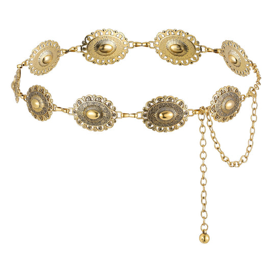 Women Western Metal Chain Belt, Oval Concho Cowgirl Waist Chain Boho Waist Belt for Dresses, Jeans, Shirts, Jackets, Blouses, Jeans Pants (Gold)