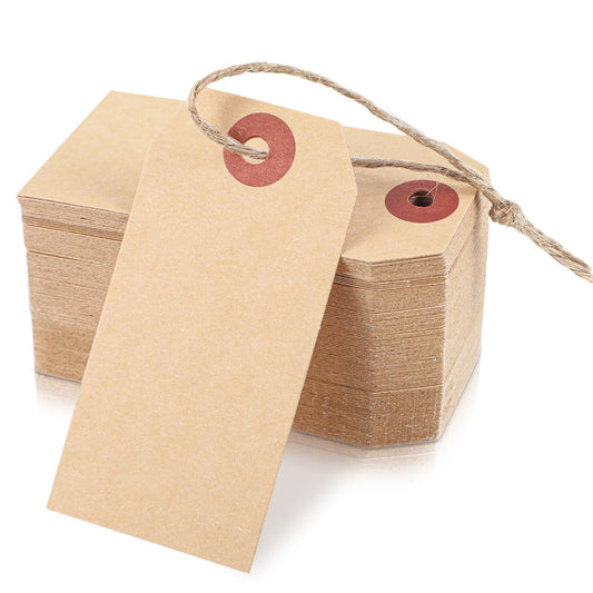 100 Pcs Brown Gift Tags with Elastic String 2.76 x 1.38 Inch Marking Hang Tags for Clothes DIY Crafts Wedding Holiday Attached Reinforced Hole Writable for Gifts Inventory Tag