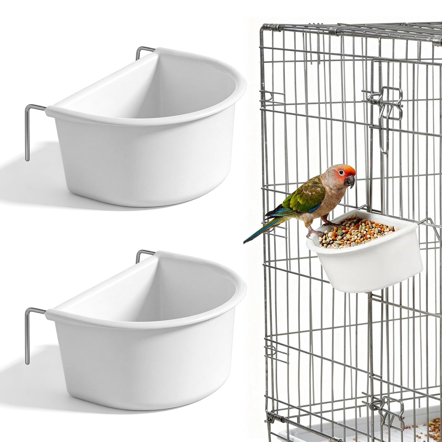 Chsoejuf 2 Pack Bird Cage Feeder Bowls Plastic Hanging with Metal Hooks