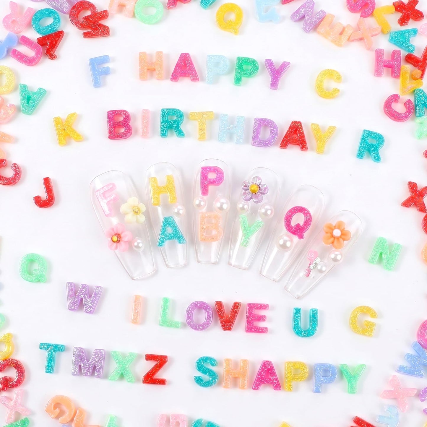 Chsoejuf 200PCS Letter Nail Art Charms Random Candy Color Resin Nails Charm