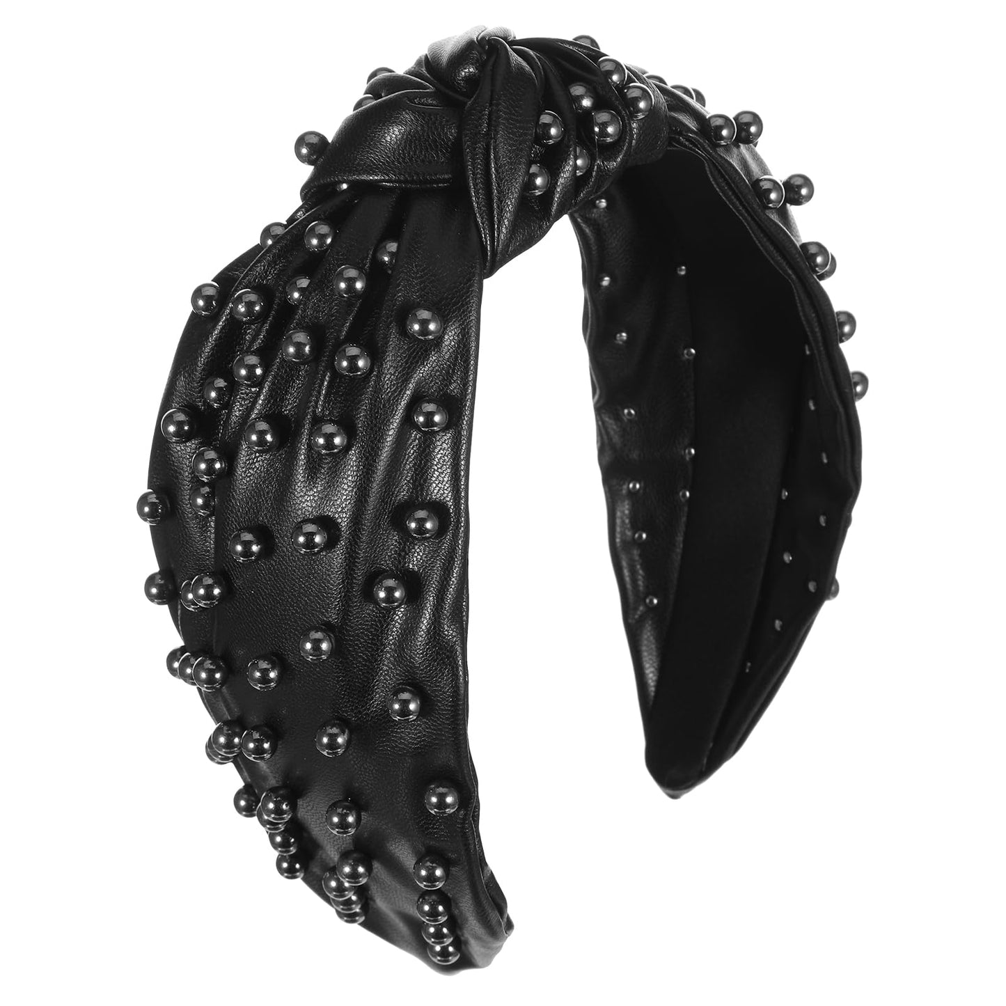 1PCS Knotted Headbands for Women, Black Non Slip Pearl Top Knot Headband Womens Wide Beaded Hairband Jeweled Embellished Head Band Hair Accessories for Women Girls