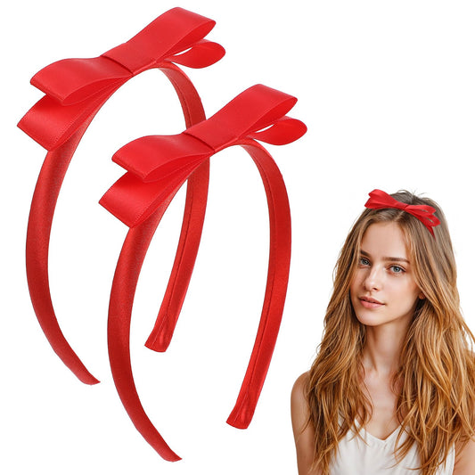 Tyqour 2 Pcs Red Bow Headband for Women Girls Cute Bowknot Headbands Bow Knotted Hair Hoop Hair Accessories for Birthday Christmas Halloween Costume Party, Daily Decor