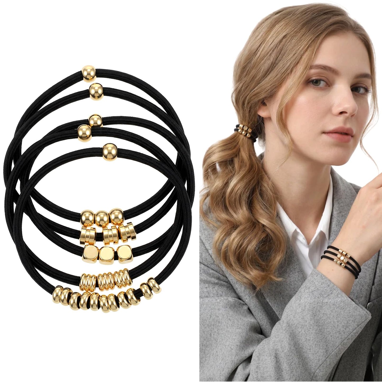 Chsoejuf 5PCS Black Boho Elastic Hair Tie Bracelets with Gold Beads