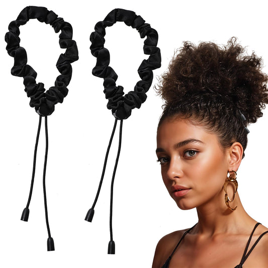Xinjoduz 2 PCS Adjustable Satin Hair Scrunchies, 2 Sizes No Slip Silk Hair Ties for Afro Puff Black Invisible Ponytail Holders Hairband Extra Length Hair Accessories for Women Girls Thick Curly Hair