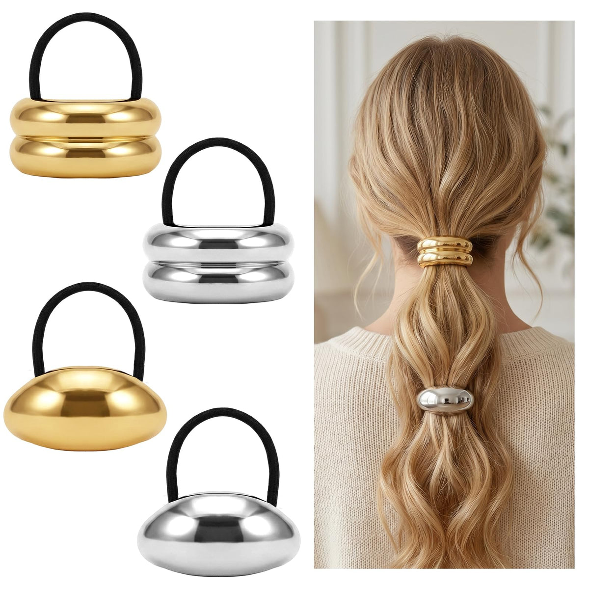 RAHHLIZS 4pcs Metal Gold Hair Cuff, Silver Ponytail Cuff