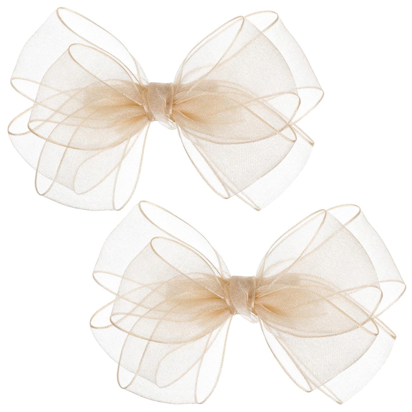 Mabor 2 Pcs Champagne Tulle Bow Hair Clips, Double-Layer Ribbon Hair Accessories for Girls Women Kids Birthday Holiday Gift