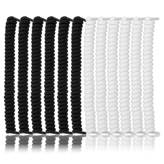 Xinjoduz 12 PCS Curly Shoelaces Stretch Shoe Laces No Tie Adults Curly Shoe Laces for Kids Tieless Shoelace Anti-Fall Elastic Spring No-Tie Shoelaces in Solid Color for Sneakers (Black White)