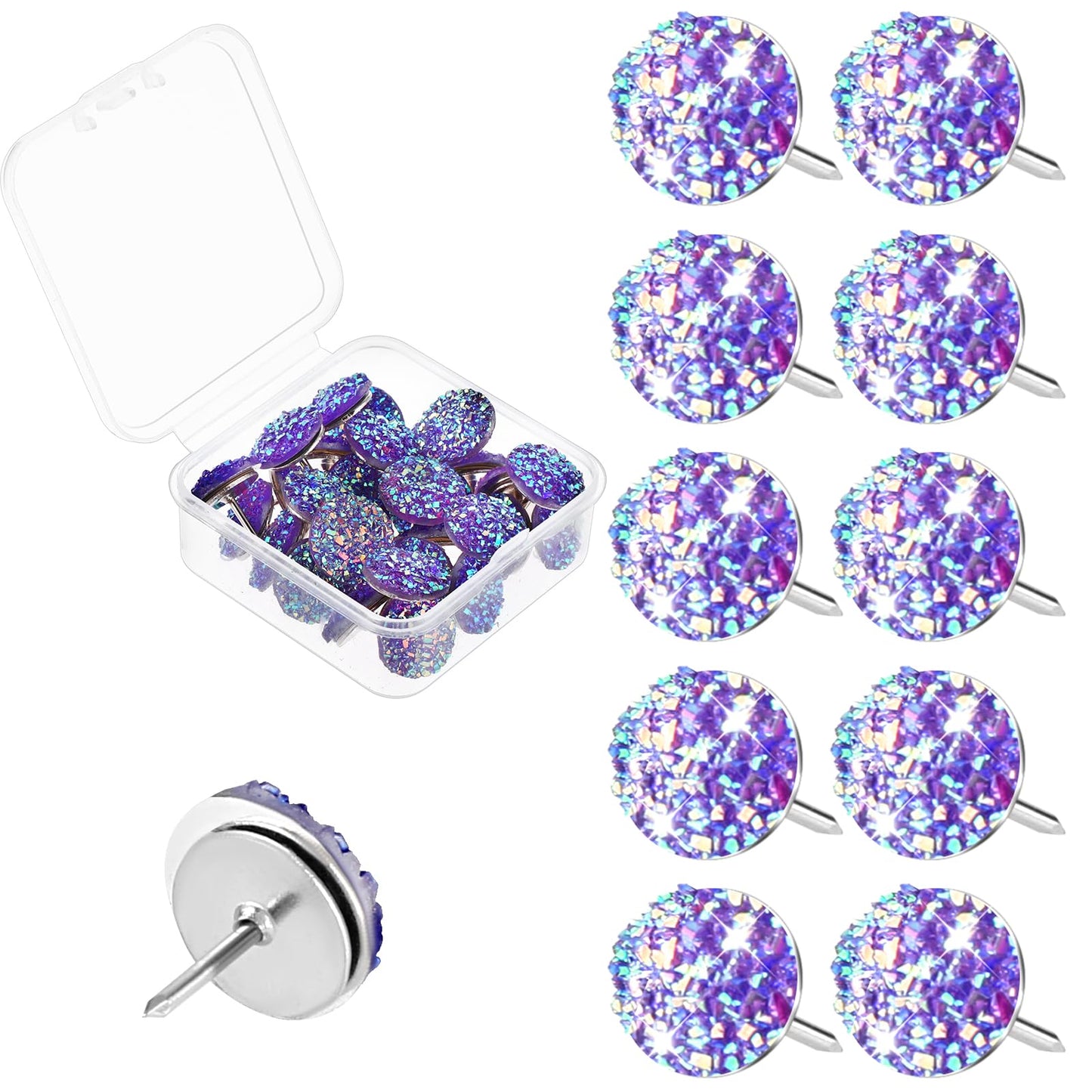 Mabor 30Pcs Drawing Pins for Walls Bling Purple Thumbtacks Glitter Rhinestone Decorative Thumb Tacks for Notice Board Cork Board Pinboard Wall Hangings Bulletin Board Office Supplies