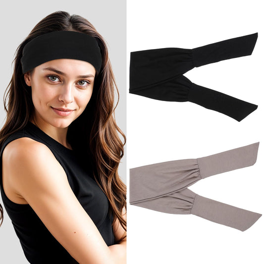2 PCS Adjustable Headbands for Women, Non-Slip Elastic Wide Head Bands, Adjustable Knotted Headbands for Fashion, Workout, Sports, Running, Yoga (Light Gray, Black)