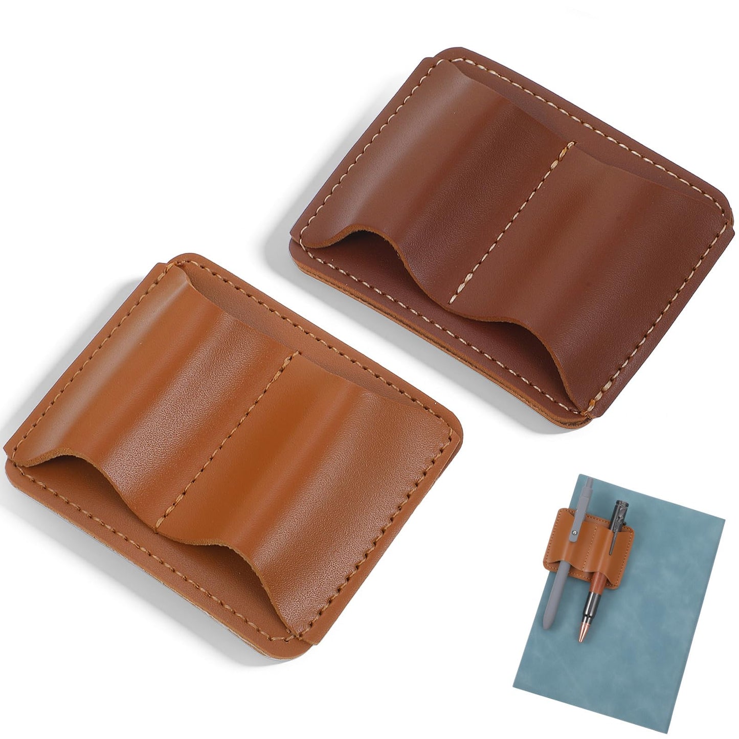 Handmade Leather Pen Holder Clip for Notebooks And Journals Sturdy Pen Loop With Metal Clip Secure Pencil Organizer Double Slot Sleeve for Planners Bibles And Books(Dark Brown, Light Brown 2pcs)