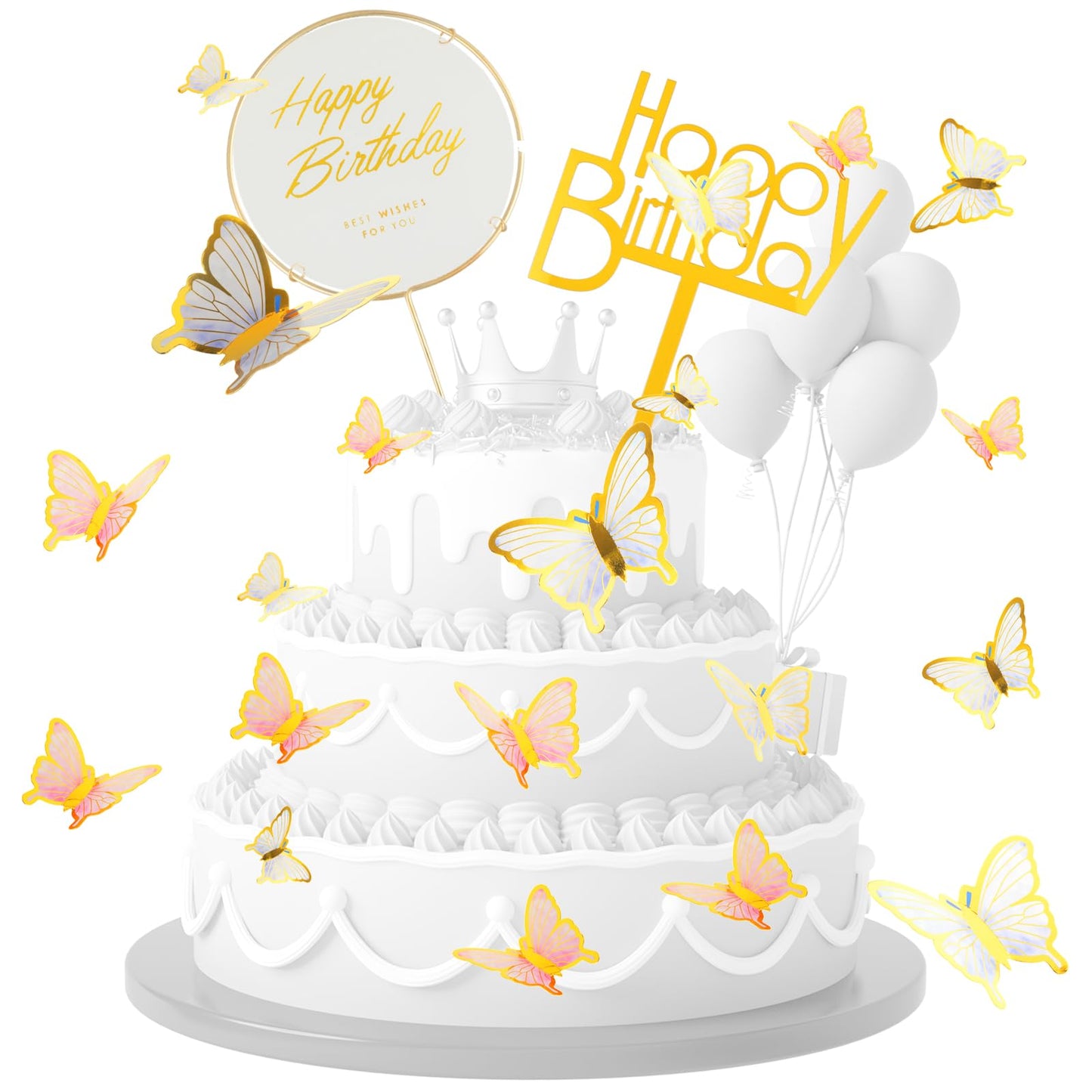22PCS Butterfly Happy Birthday Cake Toppers Set, Clorful 4 Sizes 3D Butterfly Cake Toppers with 2PCS Metal Gold Happy Birthday Cake Cupcake Topper Decorations Party Supplies for Cupcake Decoration