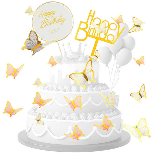 22PCS Butterfly Happy Birthday Cake Toppers Set, Clorful 4 Sizes 3D Butterfly Cake Toppers with 2PCS Metal Gold Happy Birthday Cake Cupcake Topper Decorations Party Supplies for Cupcake Decoration