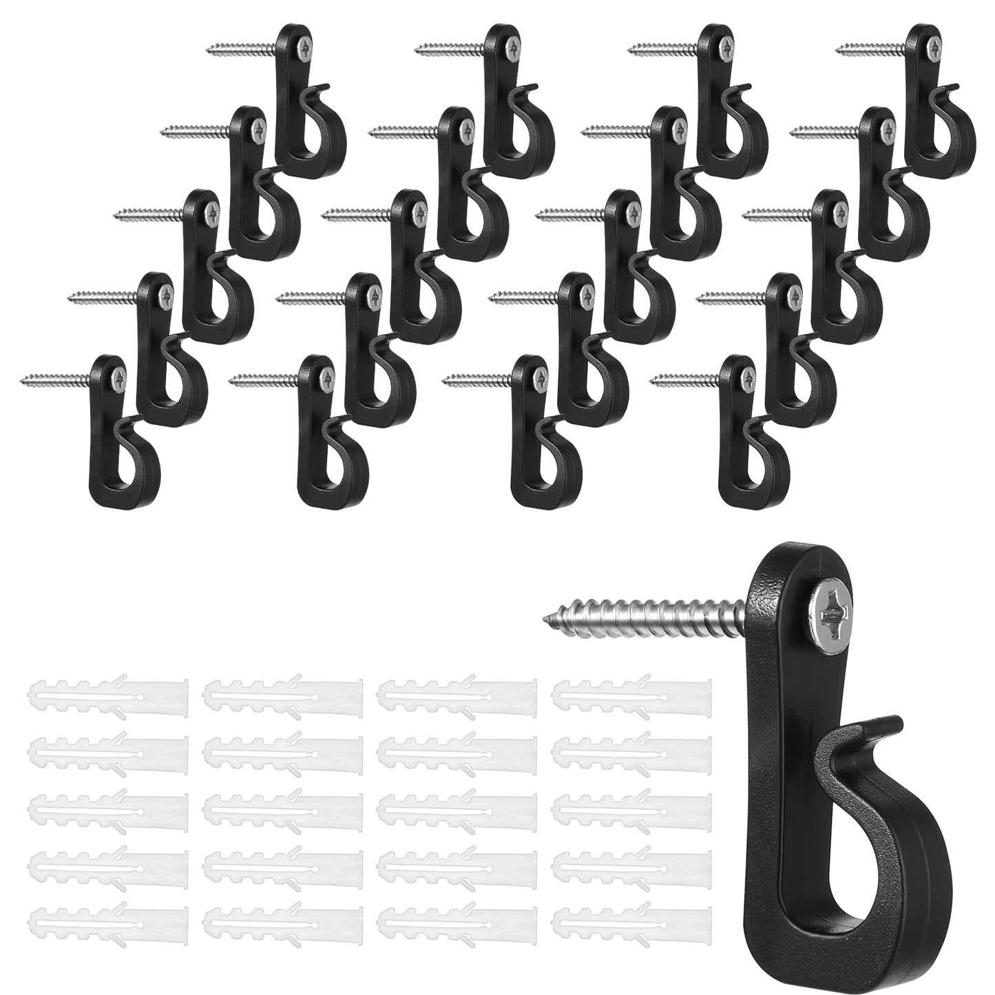 Teaaha 20 Pack Hooks for Outdoor Lights, Black Plastic Outdoor String Light Clips Hangers, Easy Release Screw Hooks for Christmas and Party Wire LED Fairy Lights