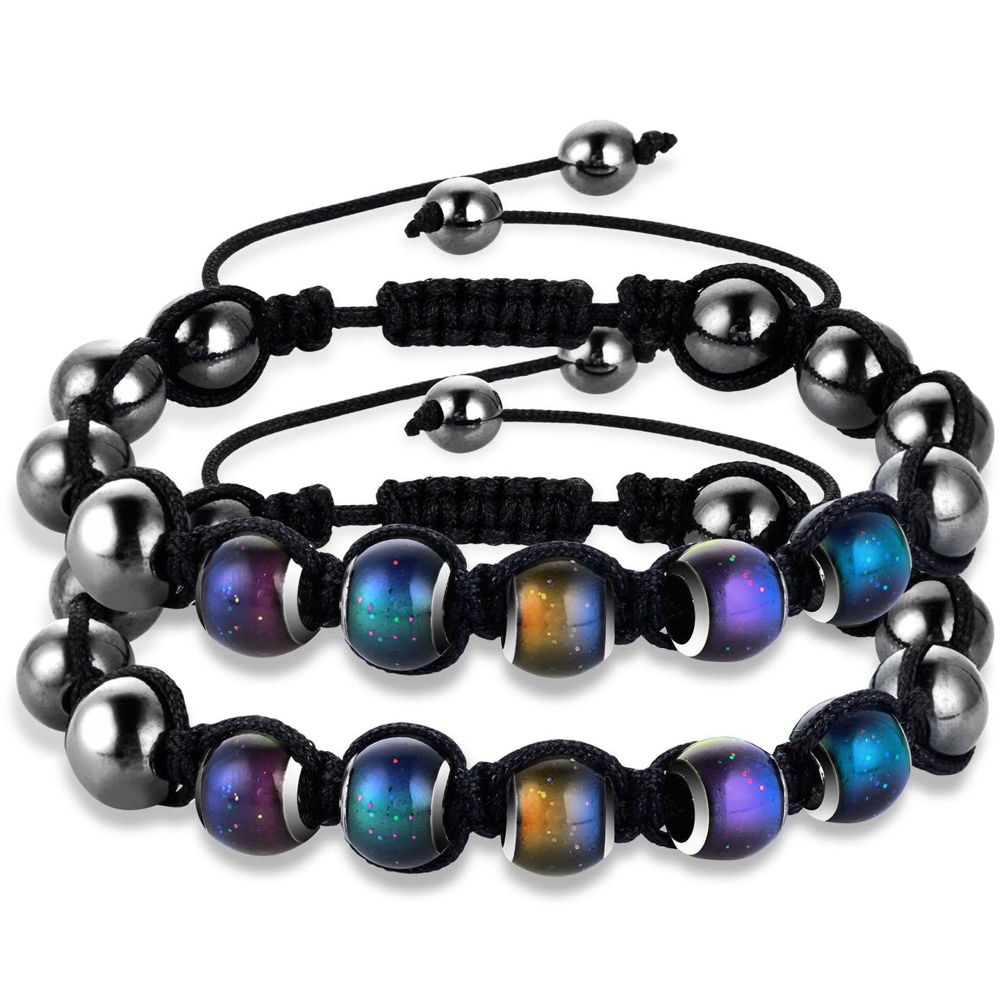 2Pcs 8mm Adjustable Mood Bracelets, Mabor Round Color Changing Bead Bracelets Thermochromic Bead Bracelets Gifts for Boyfriend Girlfriend Women Men