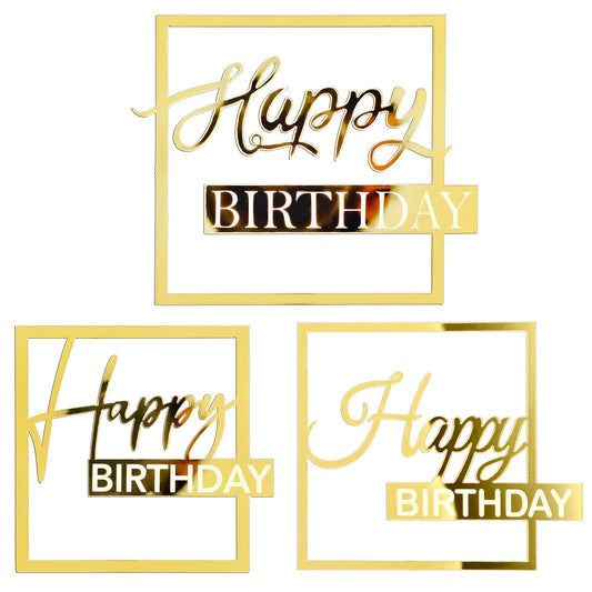3 PCS Gold Happy Birthday Cake Topper Mirror Acrylic Cake Topper Happy Birthday Cupcake Toppers Happy Birthday Cake Decoration Hollow Frame Cake Decorations for Birthday Party Birthday Decor Supplies