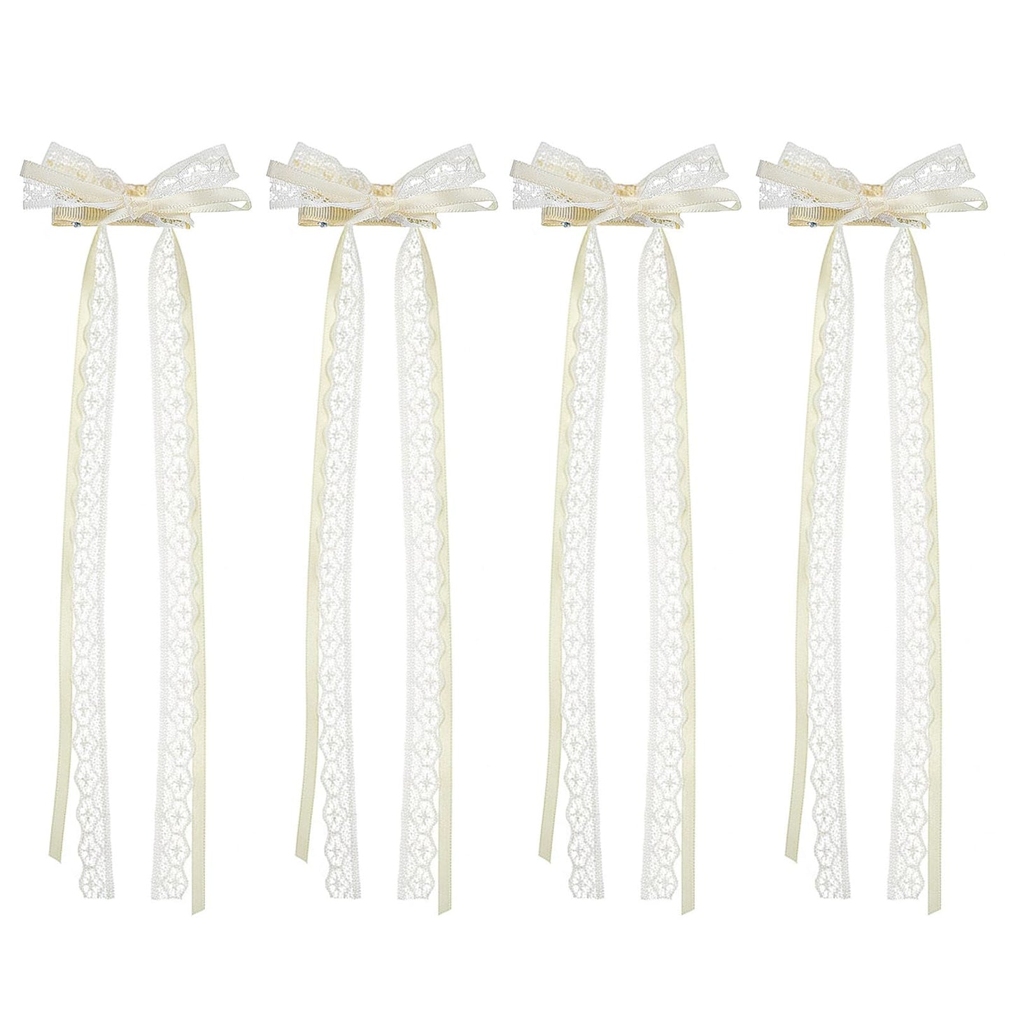 Mabor 4Pcs White Lace Hair Bows with Long Tails - Elegant Ribbon Hair Clips with Tassel for Women, French Style Accessories