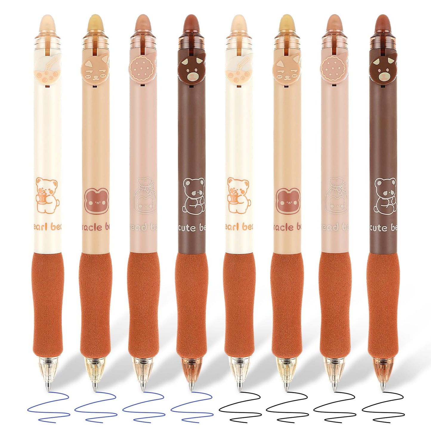 Mabor 8Pcs Retractable Erasable Gel Pens, Cute Bear Gel Ink Pen 0.5mm Black and Blue Ink Smooth Writing Pens with Rubber Eraser on the End for School Office Home Supplies