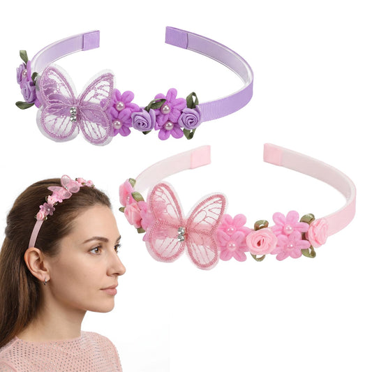 Ymapinc Pack of 2 Tulle Butterfly Headbands Girls Elegant Flowers Headbands Kawaii Headband Cute Hair Bands – Pink and Purple