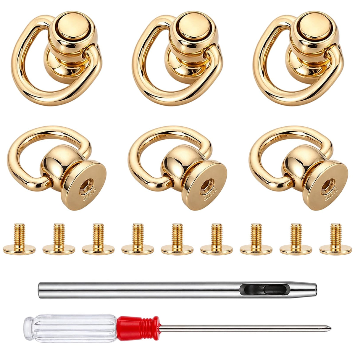 Chsoejuf 6PCS Gold D Rings for Purse Bag 360 Degree Rotatable Brass Rivets