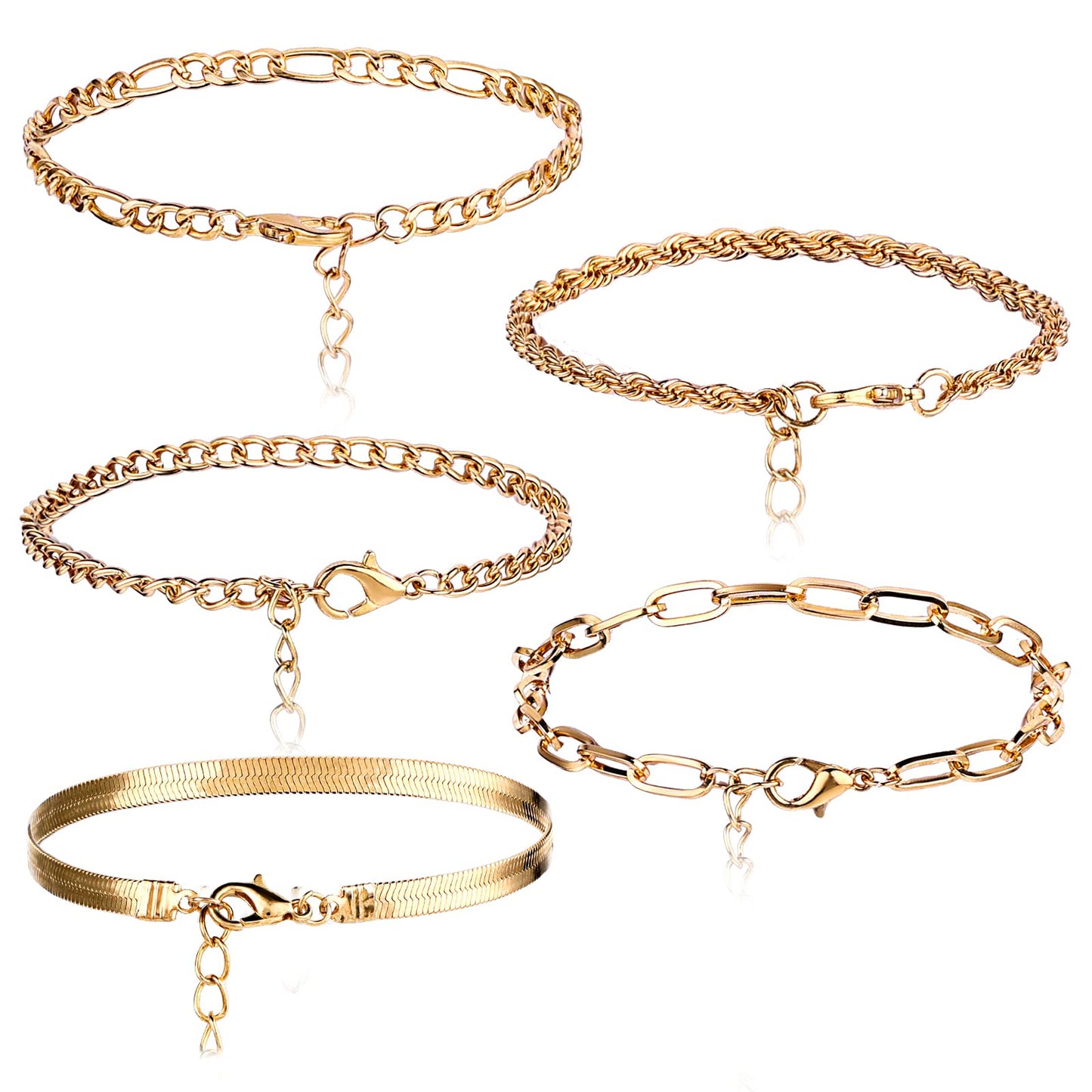 Ouligay 5Pcs Gold Bracelet Set for Women Gold Plated Layered Bracelets Curb Rope Figaro Herringbone Chain Bracelets Boho Adjustable Bracelets Metal Link Chain Bracelet for Women Girls