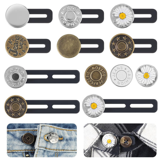 Tyqour 12Pcs Button Extender for Trousers, Detachable Jean Button Replacement, Adjustable Trouser Waist Extender, No-Sew Pants Extender for Women Men Jeans Pants Dress Shirts