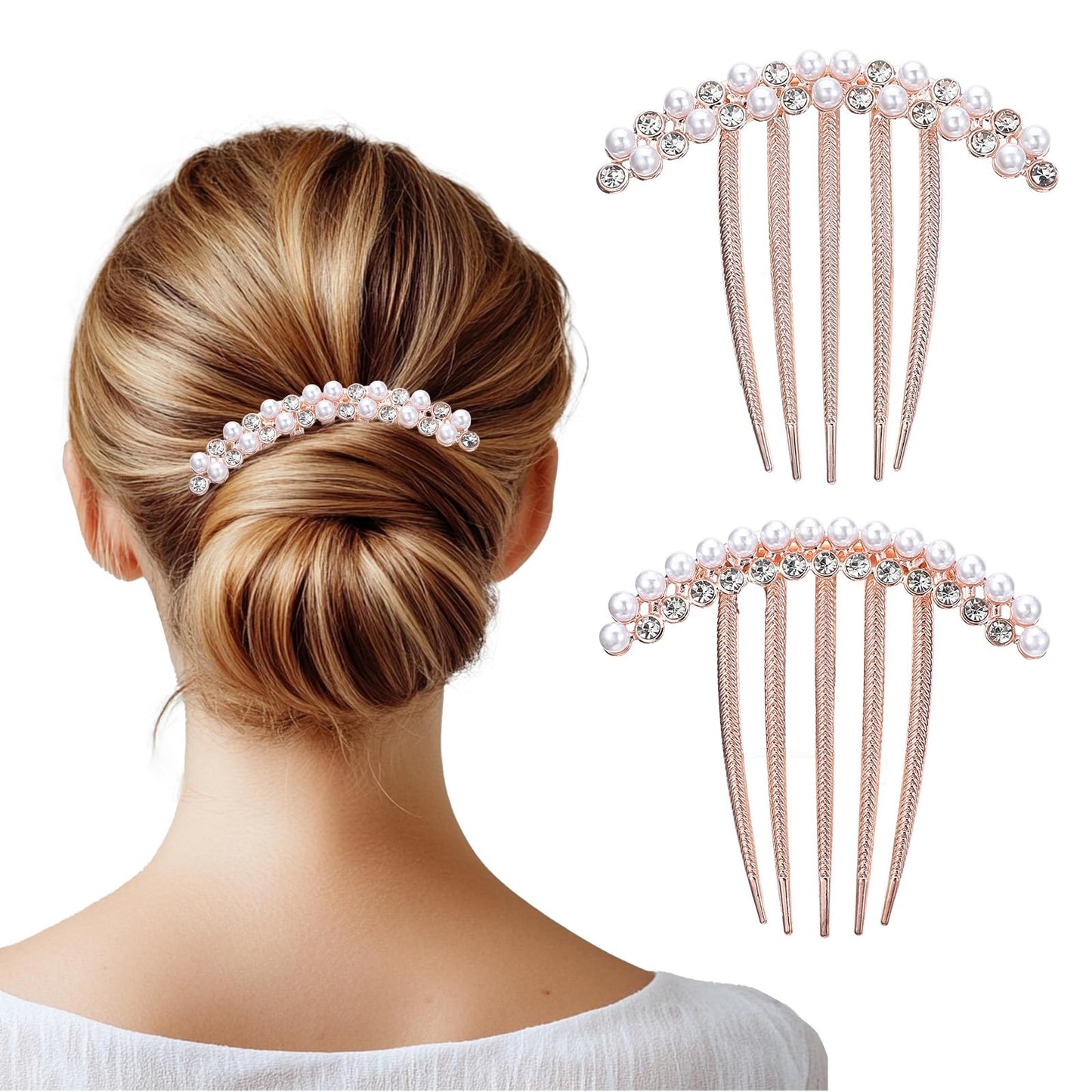 2 PCS Pearl Hair Side Combs Clip, Decorative Hair Combs for Women, Bride Rhinestone Combs Clips Crystal Accessories Rhinestone Hair Accessories for Wedding Party Daily (Gold)
