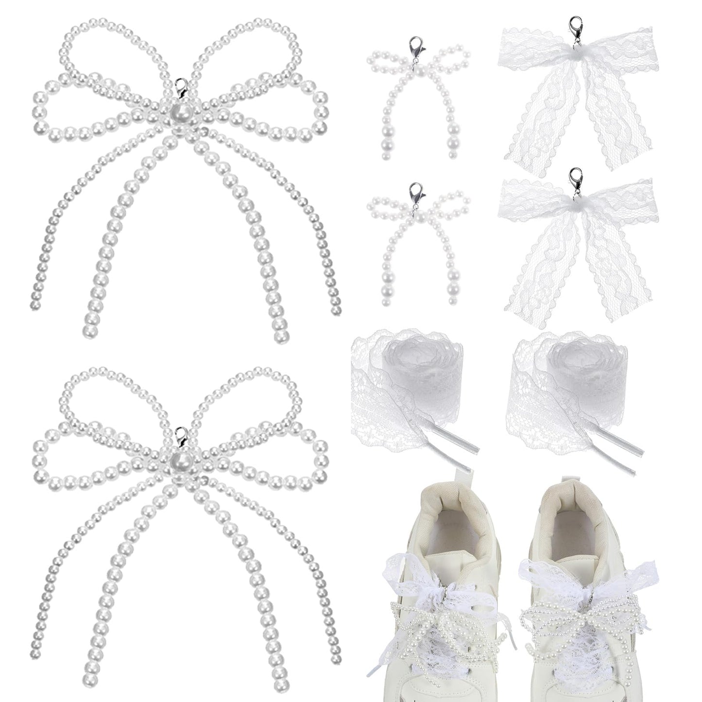 Ouligay 8 PCS Pearls Lace Bow Shoe Charms for Sneakers Elegant Buckle Pearl Beaded Chain Shoe Jewelry Aesthetic Shoelace Charms For Women ShoeLace Charm Keychain Bag Car Charm