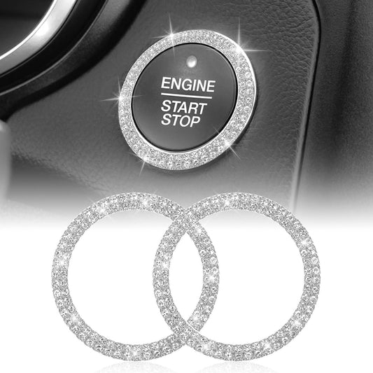 Xinjoduz 2 PCS Bling Crystal Double Rhinestone Car Engine Start Stop Decoration Sticker, Sparkling Push Start Button Cover Key Ignition & Knob Bling Ring Car Decorations Interior Accessories for Women