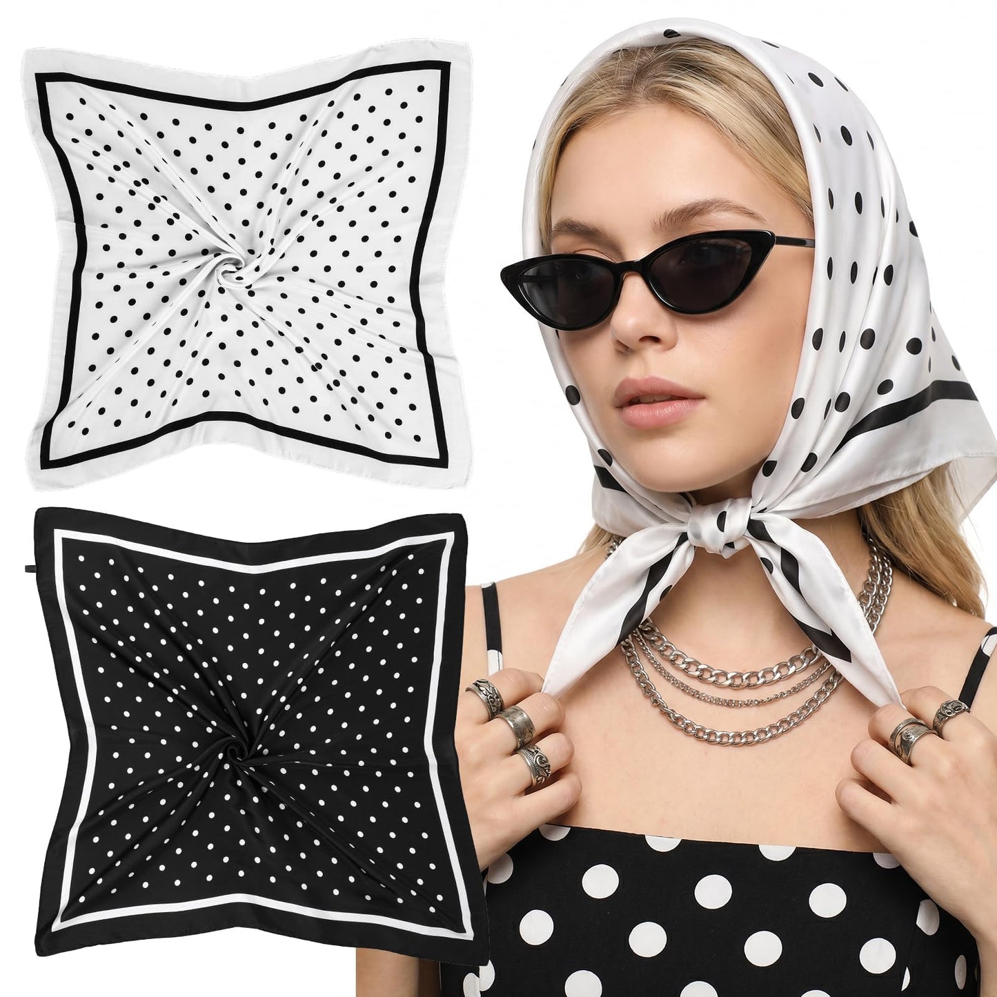 Ouligay 2PCS Polka Dot Scarf Square Head Scarf Silk Bandana for Women