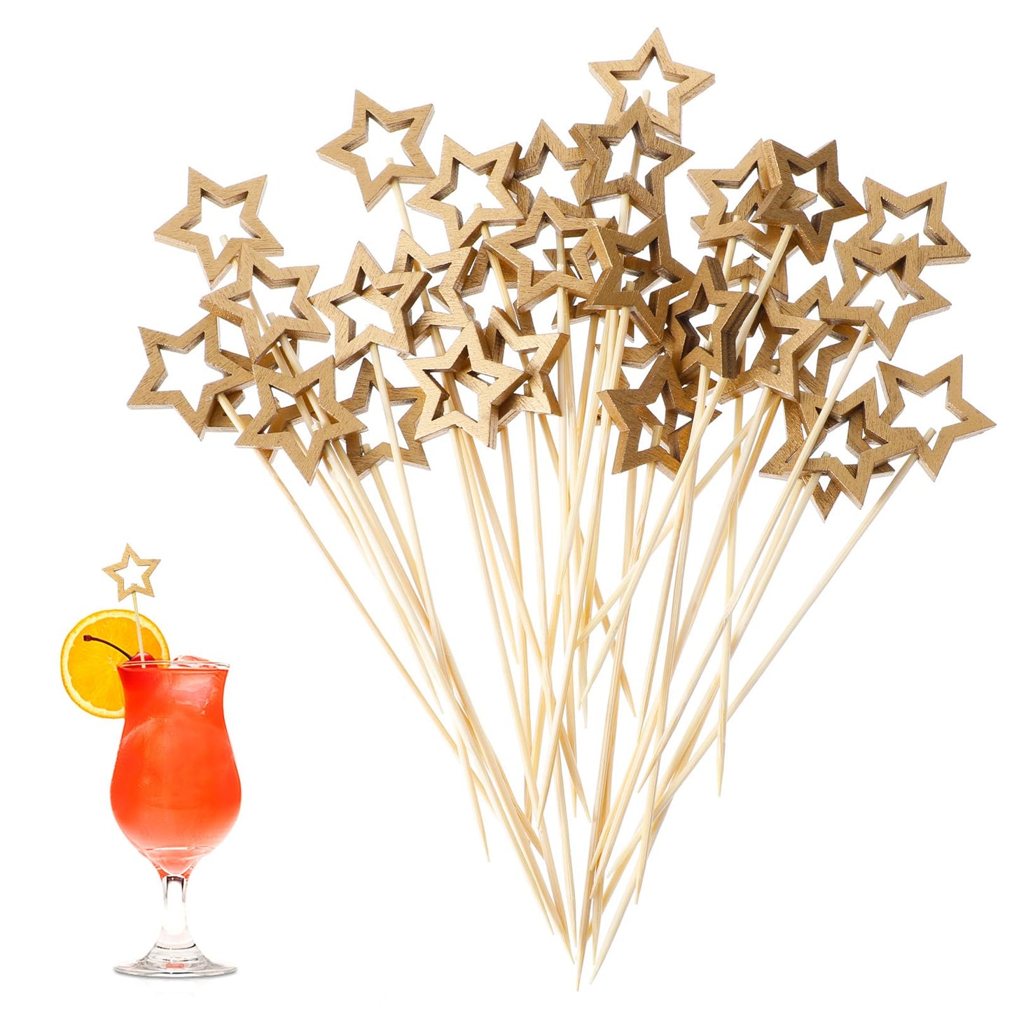 50 Pcs Gold Star Cocktail Picks, 5.4 inch Decorative Bamboo Skewers for Appetizers, Drinks, Fruit Garnish, Holiday Party Supplies, Star Cupcake Toppers