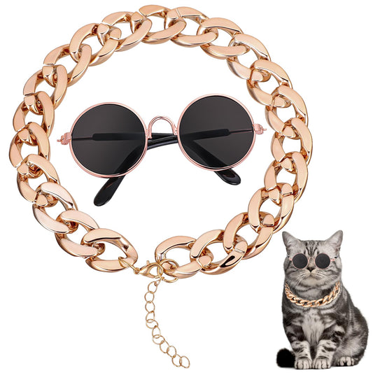 Sunglasses for Dogs Cat Chain Gold Chain Cat Collar Pet Sunglasses Retro Pet Sunglasses Dog Costume Set Include Adjustable Gold Pet Chain and Funny Cute Cat Small Dog Sunglasses for Kittens and Puppy