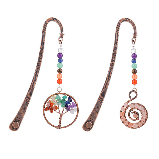 2PCS Bronze Bookmark Vintage Metal Bookmark Chakra Crystal Tree of Life Pendant Charm Bookmarks Retro Book Accessories Crystal Gifts for Women Student Teacher Readers Graduation Gift for Christmas