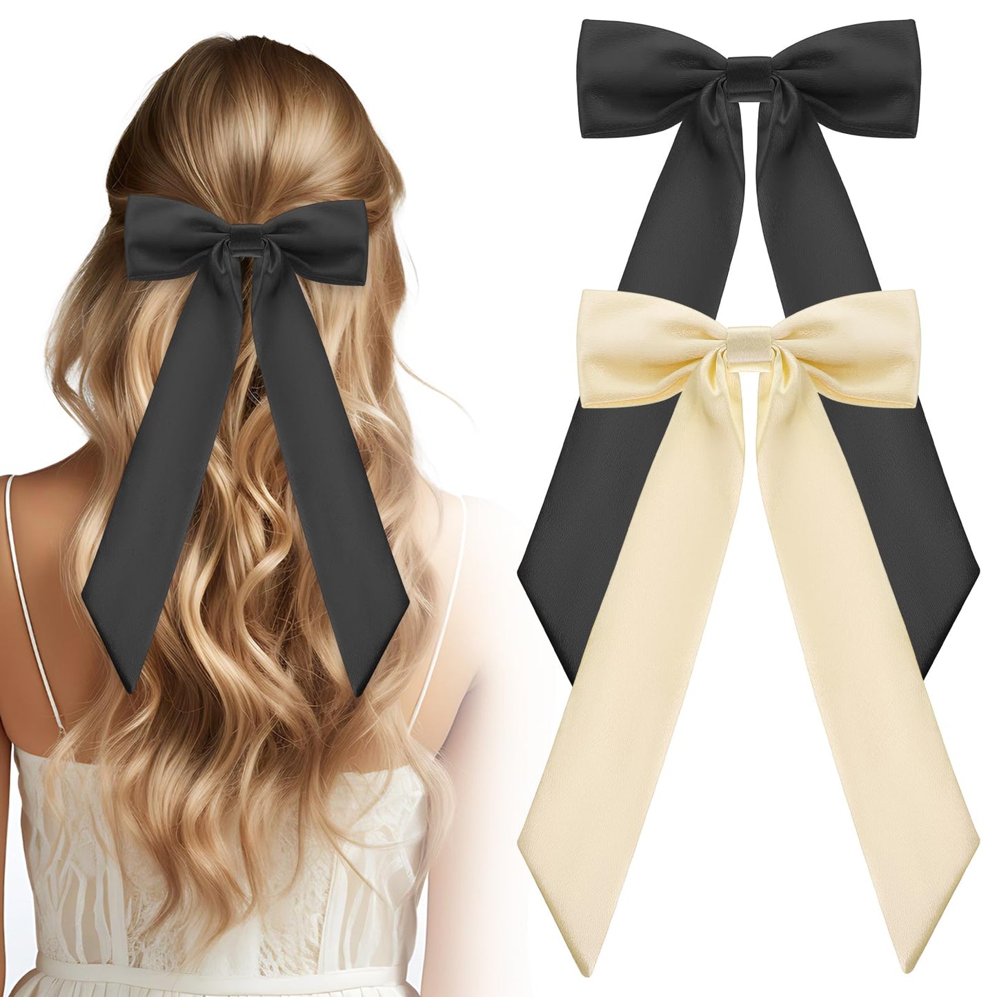 Tyqour 2pcs Silky Satin Hair Bows for Women, Black Beige Hair Ribbon Hair Clip Ponytail Holder Accessories, Ribbon Bow Hair Bow Clip for Girls Toddlers Teens Kids Women