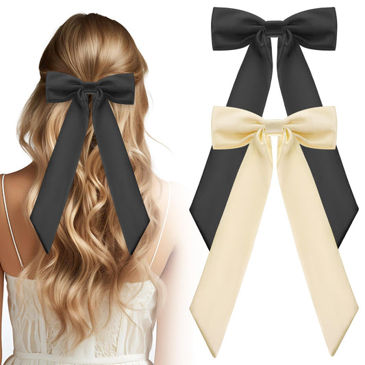 Tyqour 2pcs Silky Satin Hair Bows for Women, Black Beige Hair Ribbon Hair Clip Ponytail Holder Accessories, Ribbon Bow Hair Bow Clip for Girls Toddlers Teens Kids Women