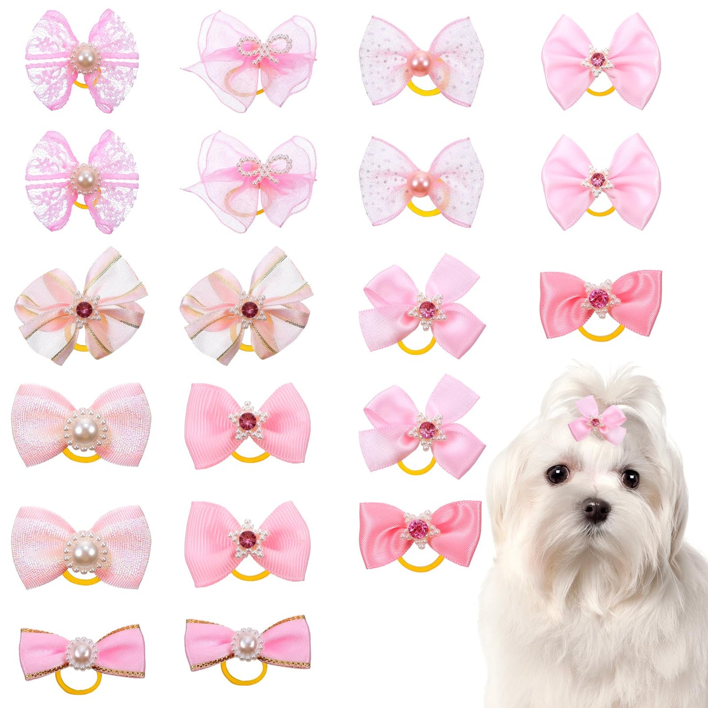 20PCS Dog Bows Small Cute Puppy Hair Bow with Rubber Bands, Elastic Mix Style Lace Rhinestone Pearls Dogs Hair Bowknot Accessories for Furry Cat Pet Grooming Gifts(Pink)