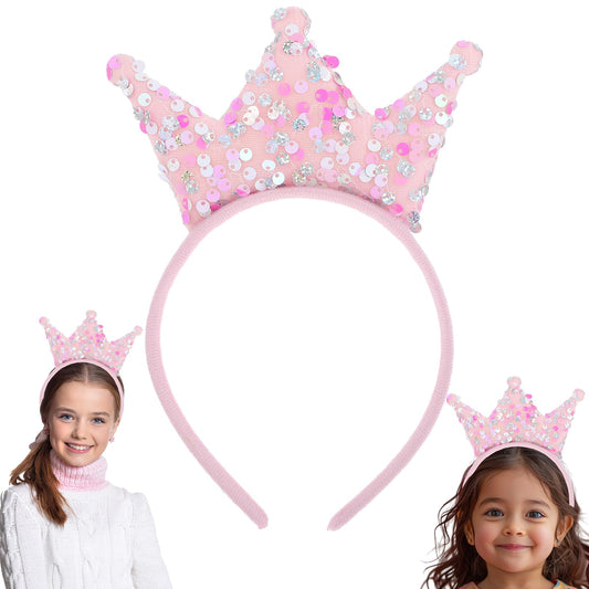 1 PCS Sequin Crown Headband Bling Princess Crown Headband Shiny Crown Headband Princess Glitter Hair Band Sequain Tiara Headband Princess Birthday Party Decorations Headbands for Women Girls(Pink)