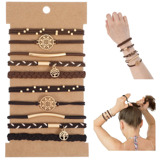 10 PCS Hair Tie Bracelets for Women Ponytail Bracelets Soft Braided Boho Hairs Bands Boho Dual-Use Bracelet and Hairs Tie for Women Thick Thin Long Curly Hair Ponytail Holders (Brown+dark Brown)