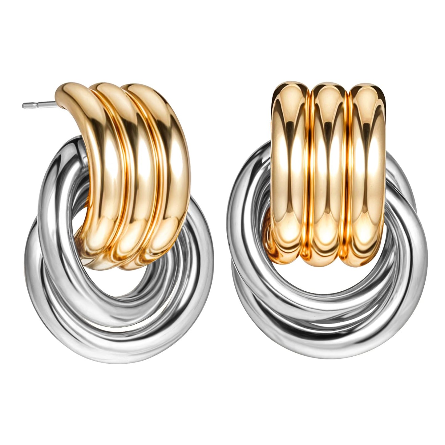 Gold Knot Earrings For Women, Chunky Statement Geometric Drop Dangle Long Link Earrings Twisted Long Link Earring Two Tone Earrings Jewelry (1.26 × 0.87 × 0.98 Inches)