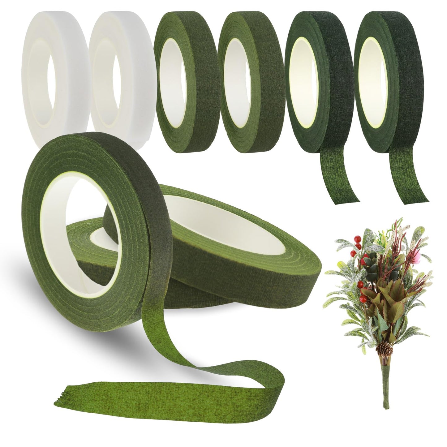 Teaaha Florist Tape, 6 Rolls - Waterproof Adhesive Paper Tape for Fresh Flowers, 0.47x29 yards, White, Dark Green, Grass Green - Ideal for Flower Arrangements, Weddings, Crafts
