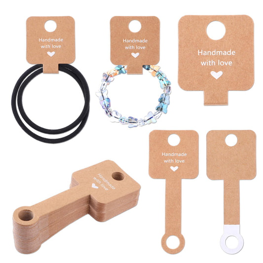 100 PCS Self Adhesive Bracelet Display Cards, Necklace Display Cards Keychain Display Card Kraft Paper Handmade Jewelry Cards Blank Bracelet Packaging for Keychain, Earring, Bracelet, Hair Band