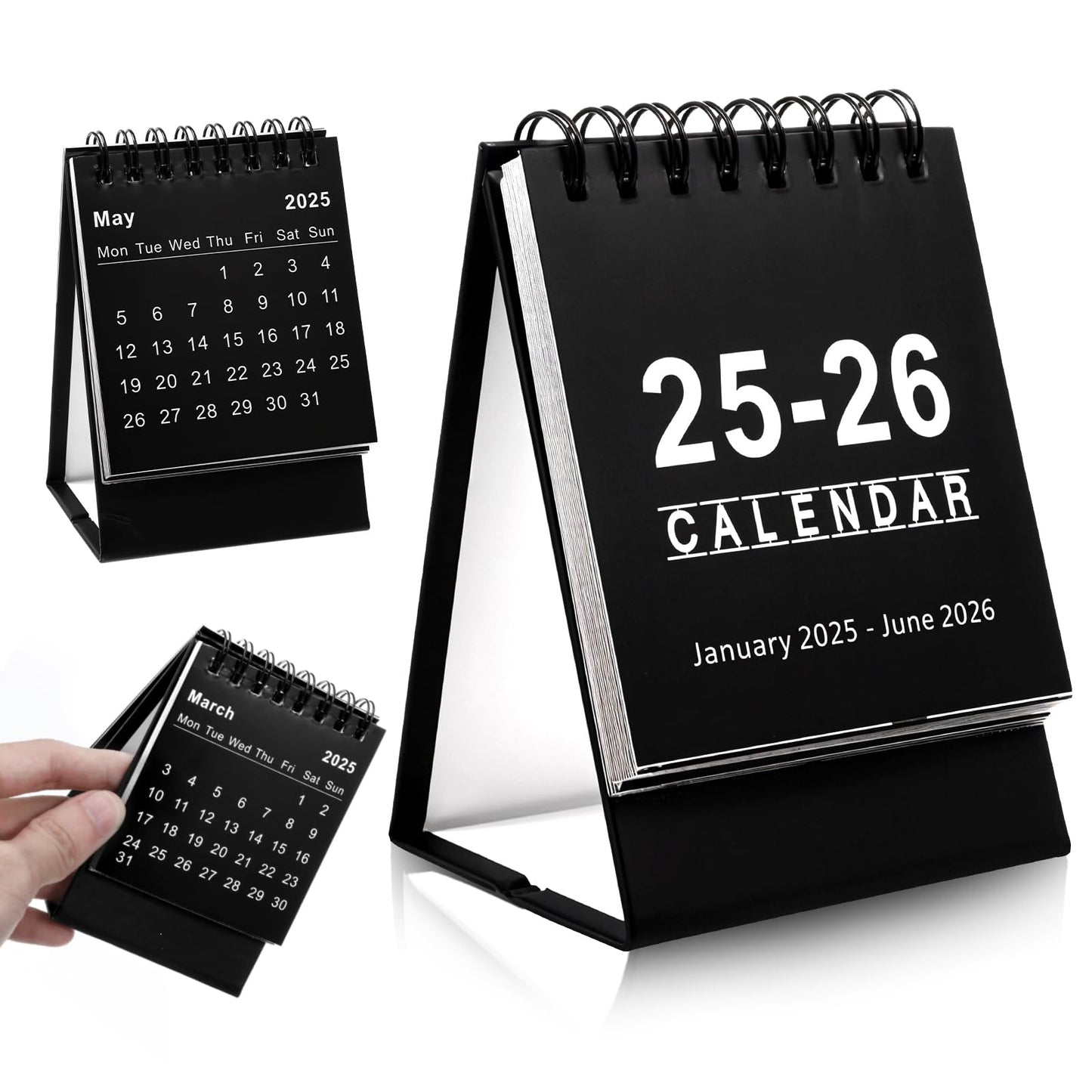Ouligay Small Mini Desk Calendar 2025.1-2026.6 Desktop Calendar 2025-2026 Standing Flip Calendar for Home Office School (Black)
