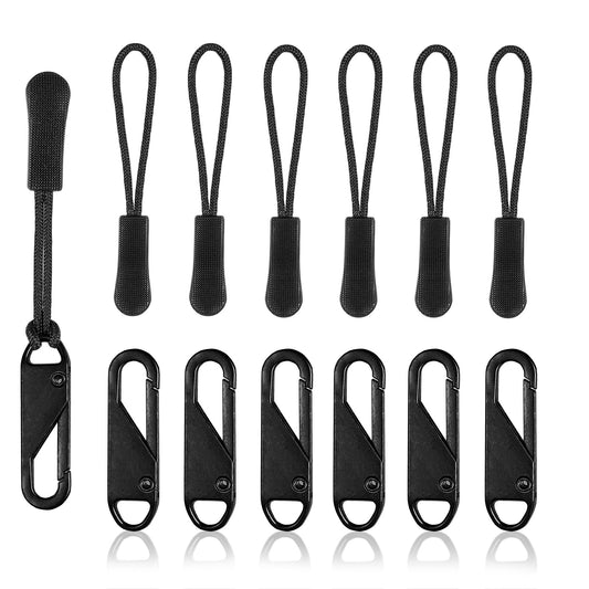 Tyqour 12pcs Zip Pulls, Universal Zipper Pulls Replacement, Paracord Zipper Pull, Zip Puller, Zipper Pull Tab for Jackets, Luggage, Backpacks, Purses, Boots, Pants(2 Styles, Black)