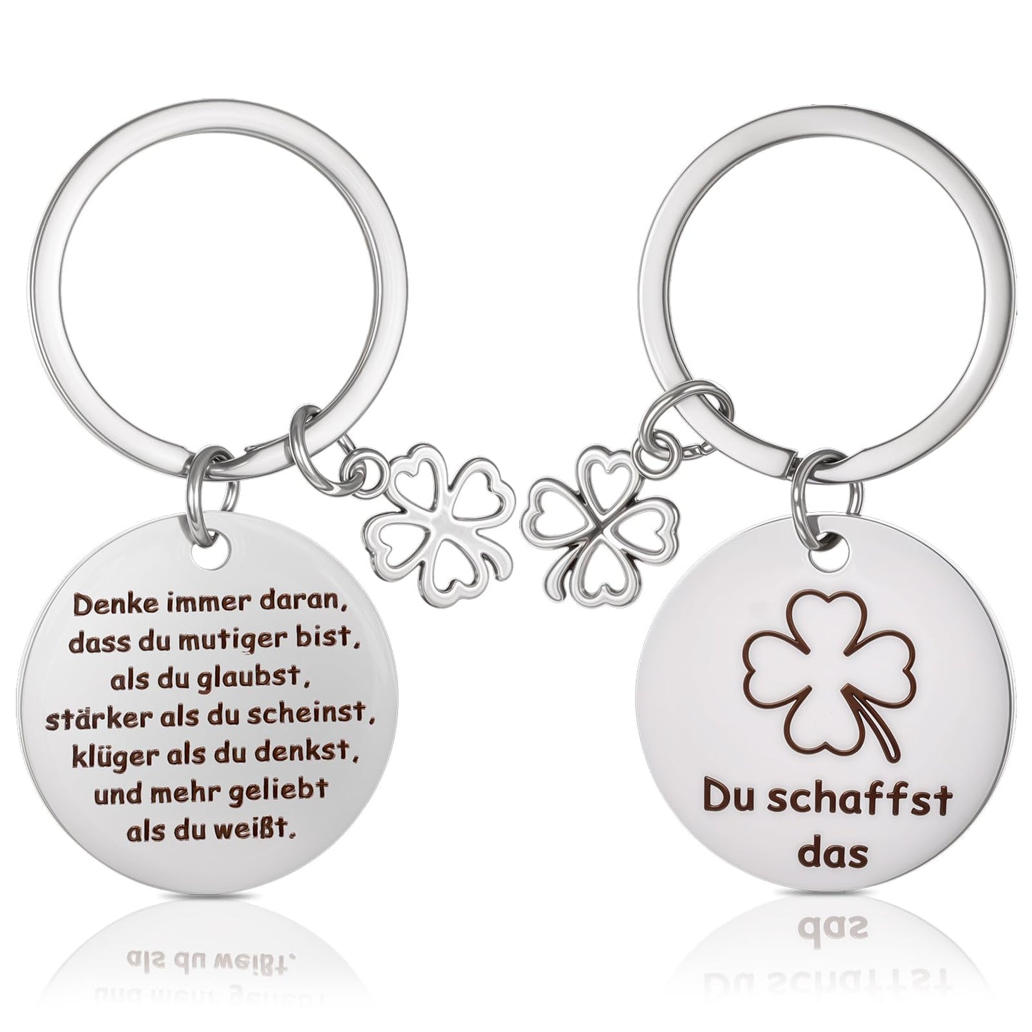 Ouligay Lucky Charm Key Fob Clover Motivational Gifts Double-Sided Keyring Courage Gift Exam Encouragement Gifts for Girlfriend Boyfriend Colleague, silver, L