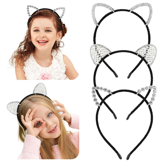 Tyqour 3Pcs Rhinestone Cat Ears Headband Glitter Cat Headband Shiny Animal Headbands Halloween Headband Cute Ear Hair Accessories for Halloween Christmas Parties Prom Festivals Cosplay Costume